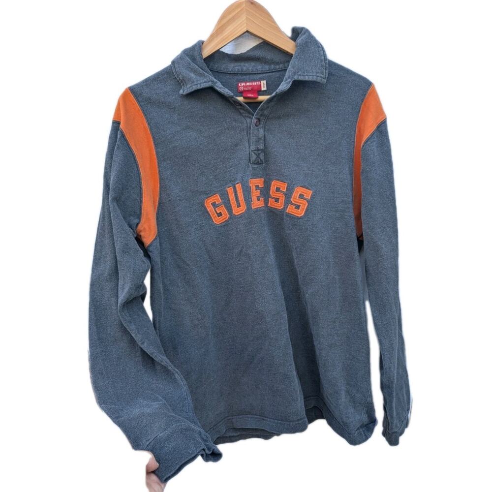 Guess Vintage Mens‎ Logo Long Sleeve Polo Shirt Sz Large Gray Orange Preppy Y2K